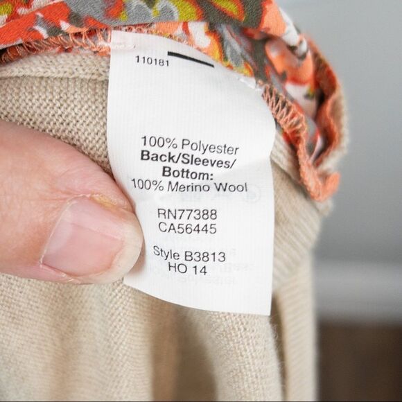 𝅺J Crew Factory Womens Size Small Orange Floral Woven Panel Tan Sweater Merino - Picture 8 of 9